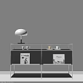 Modern Console Cabinet With White Table Lamp Mugs Flowers TMABI Posters And Metal Frame