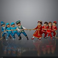 Traditional Costume Dolls Playing Tug of War With Rope And Colorful Outfits