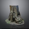 Realistic Natural Tree Stump With Detailed Bark Roots And Mossy Base