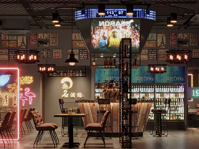 Modern Bar Interior Design With Neon Lights Bar Counter Wine Racks Posters And Large Screen 3d model