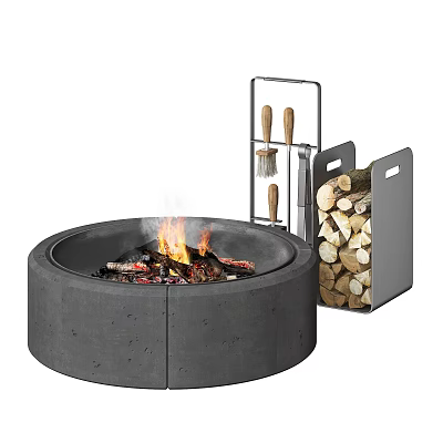 Round Concrete Fire Pit With Burning Flames Firewood And Wood Rack With Tools 3d model