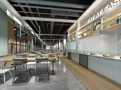 Modern Restaurant Interior Design With Open Layout Dining Tables And Display Shelves 3d model