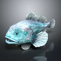 Spiky Blue And Green Fish With Open Mouth And White Fins On Dark Background