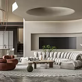 Modern Living Room Interior Design With Curved Sofa Coffee Table Green Plant And Circular Ceiling