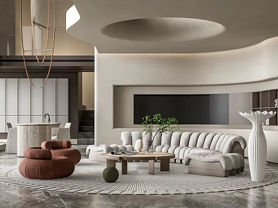 Modern Living Room Interior Design With Curved Sofa Coffee Table Green Plant And Circular Ceiling 3d model