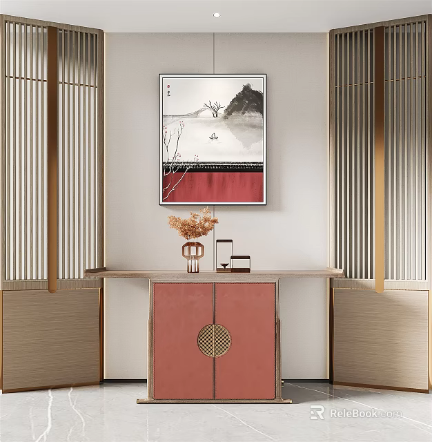 Modern Console Table Interior With Pink Cabinet Wall Art And Decorative Items 3d model
