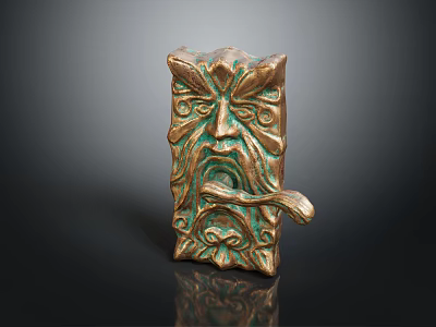 Ornate Bronze Door Handle With Intricate Facial Carvings And Decorative Patterns 3d model