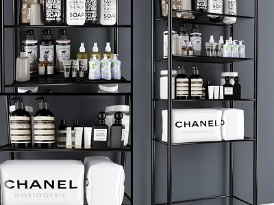 Organized Bathroom Small Accessories on Black Shelves with White Storage Boxes and Luxury Toiletries 3d model