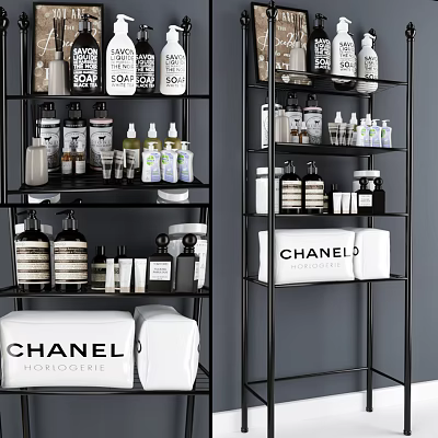 Organized Bathroom Small Accessories on Black Shelves with White Storage Boxes and Luxury Toiletries 3d model