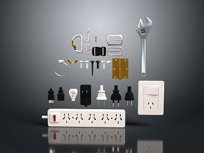 Electronic Electrical Components Collection With Power Socket Plugs Switch And Wrench Tools 3d model