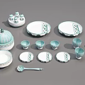 Elegant Ceramic Dinnerware Set with White Turquoise Floral Patterns for Home Dining 3d model