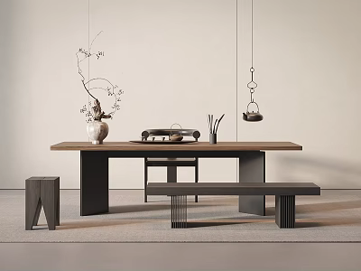 Modern Minimalist Tea Table and Chairs with Vase Branches Tea Set and Hanging Lights 3d model