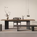 Modern Minimalist Tea Table and Chairs with Vase Branches Tea Set and Hanging Lights