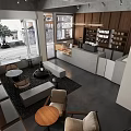Modern Industrial Café Interior With Large Windows Wooden Bar And Pendant Lights
