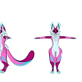 Game and Movie Character Design With Pink White Fur Long Tail And Blue Ear Decor