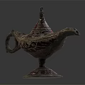 Antique Ornate Oil Lamp With Intricate Brass Carvings And Red Enamel Details