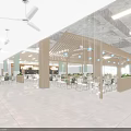 Spacious Bright Cafeteria Interior With Wooden Structures Ceiling Fans And Hanging Lights