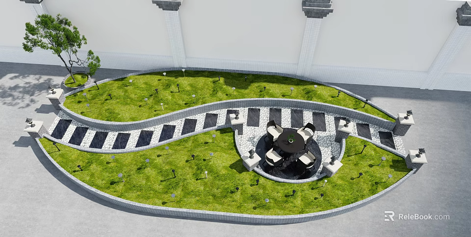 Garden Landscape With Green Lawn Winding Stone Path Circular Area Tables Chairs And Lawn Lamps 3d model 