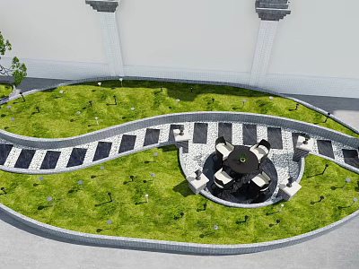 Garden Landscape With Green Lawn Winding Stone Path Circular Area Tables Chairs And Lawn Lamps 3d model