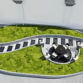 Garden Landscape With Green Lawn Winding Stone Path Circular Area Tables Chairs And Lawn Lamps