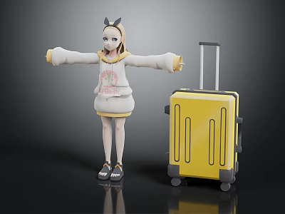 3D Cat Ear Character In Yellow White Hoodie Standing With Arms Outstretched By Yellow Suitcase 3d model