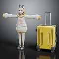 3D Cat Ear Character In Yellow White Hoodie Standing With Arms Outstretched By Yellow Suitcase