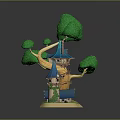 Treehouse Structure With Green Leafy Canopy Blue Pointed Roofs And Tree Trunk Base