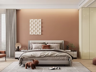 Modern Bedroom Interior With Brown Wall Decorative Art Bedside Nightstands And Cozy Rug 3d model