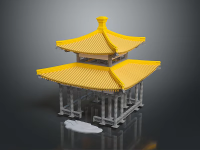 Traditional Chinese Pavilion Architecture With Yellow Double Layer Roof And Gray Pillars 3d model