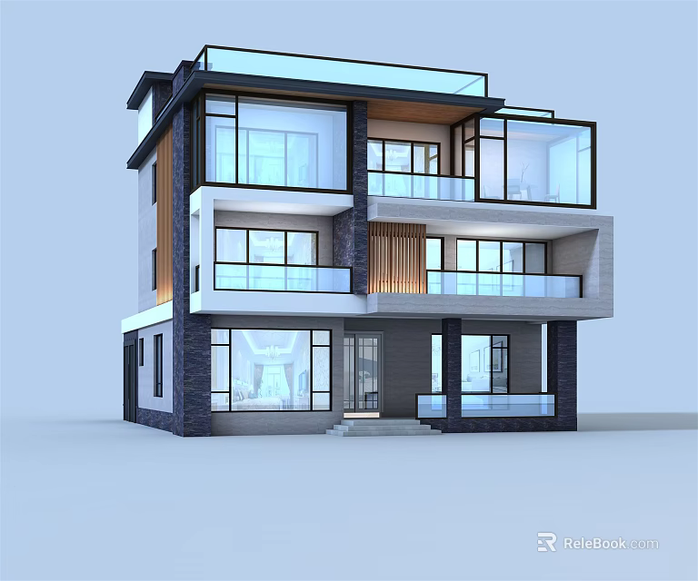 Modern Detached Villa Exterior With Two story Structure Balconies And Large Glass Windows 3d model 