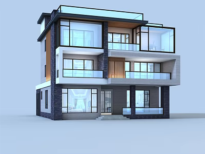 Modern Detached Villa Exterior With Two story Structure Balconies And Large Glass Windows 3d model