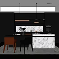 Modern Restaurant Interior Design With Dark Cabinets Marble Island Pendant Lights And Two Chairs