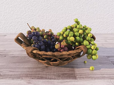 Ripe Purple and Green Grapes in Wicker Basket on Wooden Table with Scattered Fruits 3d model