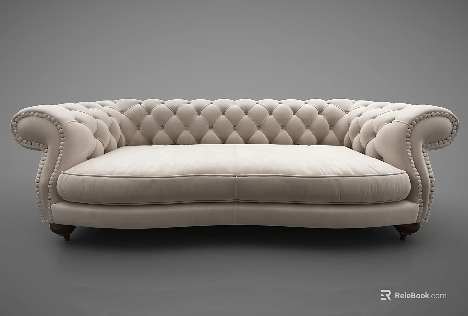 Spacious Cream Sofa With Tufted Backrest Rolled Arms And Wooden Legs In Classic Design 3d model 