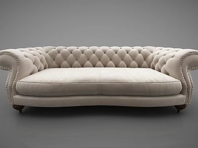 Spacious Cream Sofa With Tufted Backrest Rolled Arms And Wooden Legs In Classic Design 3d model
