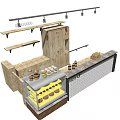 Bakery Reception Counter With Glass Display Case Fresh Pastries Wooden Shelves And Brick Wall
