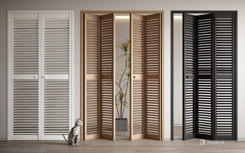 White Wooden Black Folding Doors With Plant And Cat Decoration In Interior 3d model 