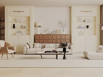 Modern Living Room Interior Design With Cream Sofa Armchair Tufted Accent Wall And Decorative Shelves 3d model