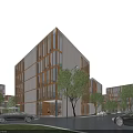 Modern Multi Story Office Building Featuring Glass Curtain Walls And Trees Along Street