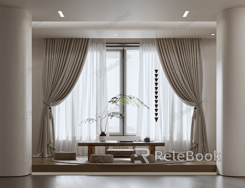 Curtain Gauze Curtain Tea Table Green Plant model