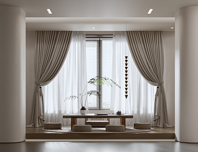 Curtain Gauze Curtain Tea Table Green Plant 3d model