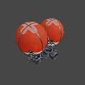 Red and White Hot Air Balloons With Metal Frames And Suspended Equipment Against Black Background