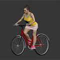 Woman Riding Red Bicycle In Yellow Tank Top White Shorts Pink Sneakers Gray Background