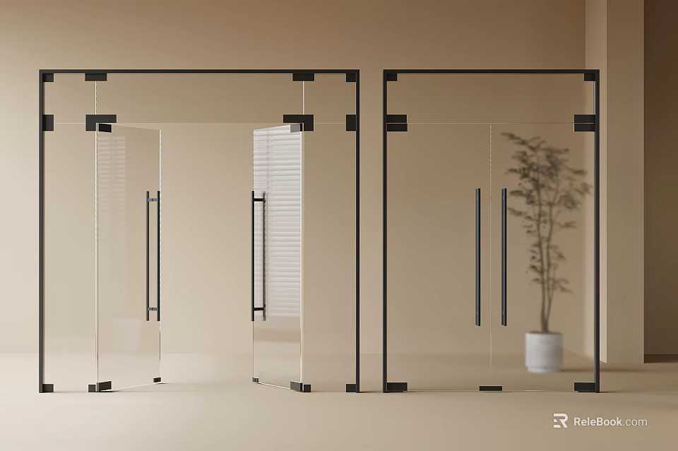 Modern Interior With Glass Doors Black Frames And Potted Plant 3d model 