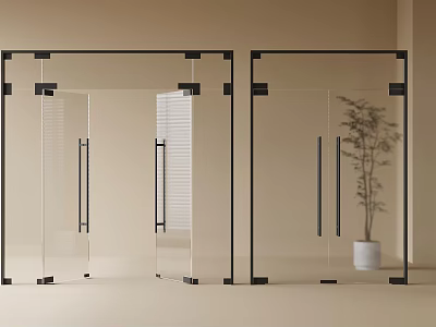 Modern Interior With Glass Doors Black Frames And Potted Plant 3d model