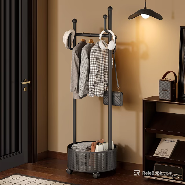 Stylish Entryway Clothing Rack With Hanging Clothes Hats And Storage Basket 3d model 