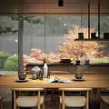 Modern Tea House With Glass Curtain Walls Surrounded by Green Trees and Wooden Tables Chairs