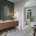 Elegant Bathroom With Green Tiled Wall Gold Framed Mirror Vanity And Free Standing Bathtub