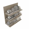 Neatly Arranged Dinnerware Set With Plates Bowls On Wooden Shelves For Kitchen Storage