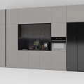 Modern Light Gray Kitchen Cabinets With Black Refrigerator And Countertop Decorative Items 3d model